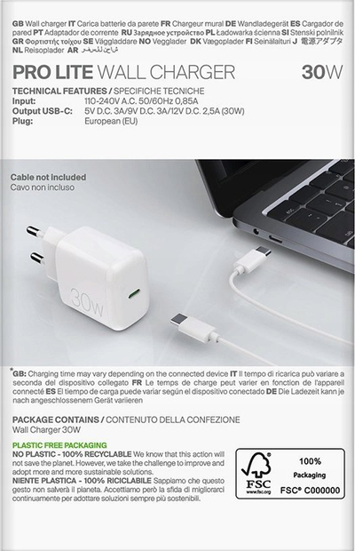 Karikues USB Type C Puro PRO LITE, 30W, i bardh