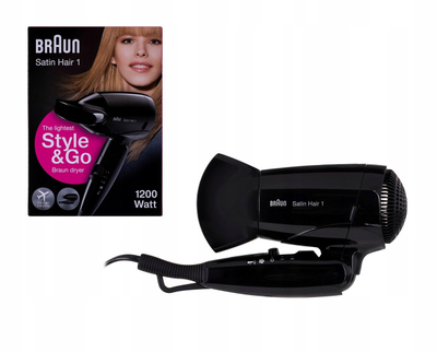 Tharëse flokësh Braun Satin Hair 1 HD 130 To Go, kompakte për udhëtim, 1200W, e bardhë