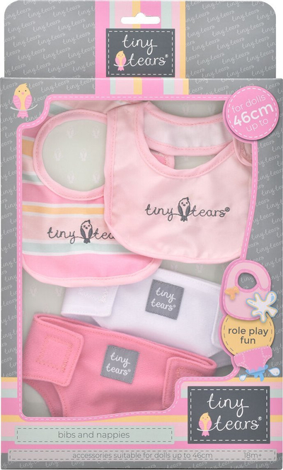 Set aksesorësh për kukulla Tiny Tears, përparëse &amp; pelena, deri 46 cm, 4 copë, rozë me të bardhë