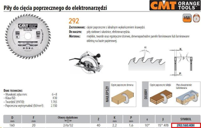 Teh rrethor CMT 292.160.40H Fine Cut-Off, 160mm, 40 dhëmbë, ngjyrë argjend