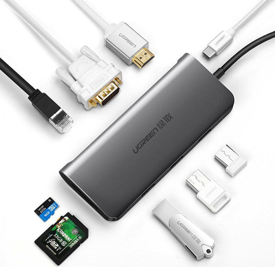 USB-C хаб Ugreen 9 во 1, HDMI 4K, VGA, RJ45, PD 100W, сиво металик
