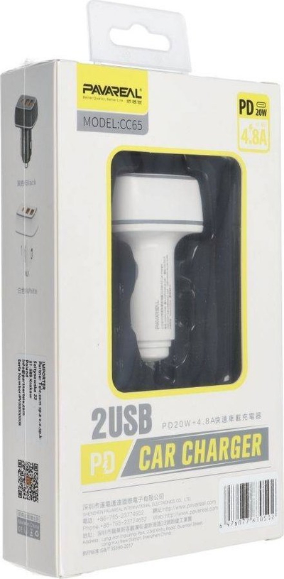 Karikues makine Pavareal PA-CC65, 20W PD, 2x USB 4.8A, i bardhë
