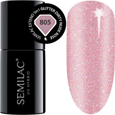 Llak gjysmë-permanent për thonj Semilac Extend 5in1 805 Glitter Dirty Nude Rose, UV LED, rozë me shkëlqim