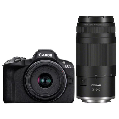 Kamerë mirrorless Canon EOS R50, lente RF S 18 45mm, lente RF 75 300mm, e zezë