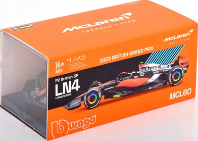 Model makine Bburago McLaren MCL60 Lando Norris, shkalla 1:43, British GP 2023, portokalli me të zezë