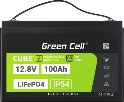 Bатерија LiFePO4 Green Cell 100Ah, 12.8V, со BMS, за кампери и чамци