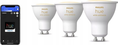 Llambë smart Philips Hue White Ambiance GU10, 5.2W, Bluetooth Zigbee, e bardhë, set 3 copë