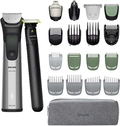 Set qethëse dhe trimmer Philips Multigroom Series 9000 MG9557/15, 20 aksesorë, çelik inox, gri