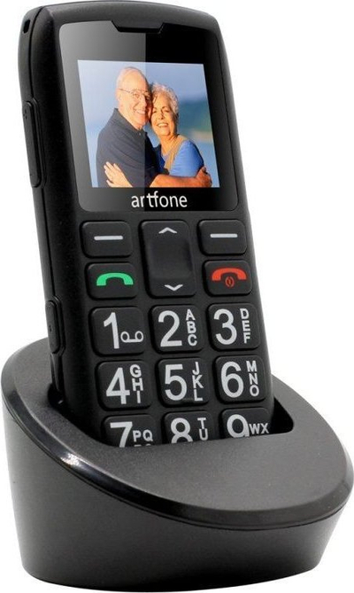 Telefoni Artfone për të moshuar, me butona të mëdhenj, me bazë karikimi, i zi