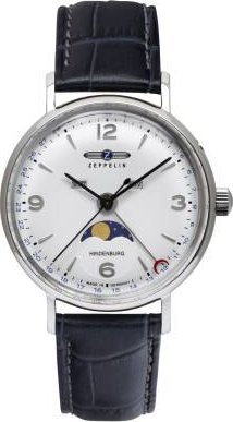 Orë dore Zeppelin 8077-1 Hindenburg LZ129 Moon Phase, 36mm, 5ATM, argjend me rrip blu