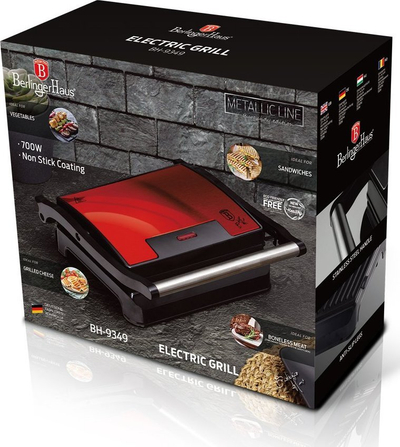 Grill elektrik kontakti BerlingerHaus BH-9349, 700W, me shtresë jo ngjitëse, i kuq metallic
