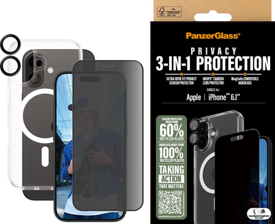 Set mbrojtës CARE by PanzerGlass për iPhone 16, xham privatësie, mbrojtje kamere, HardCase transparent