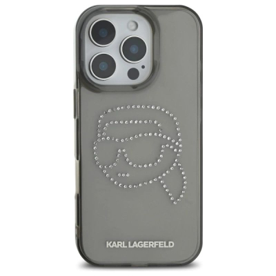 Maskë telefoni Karl Lagerfeld IML Rhinestones Karl Head, për iPhone 16 Pro Max 6.9", transparente, e zezë