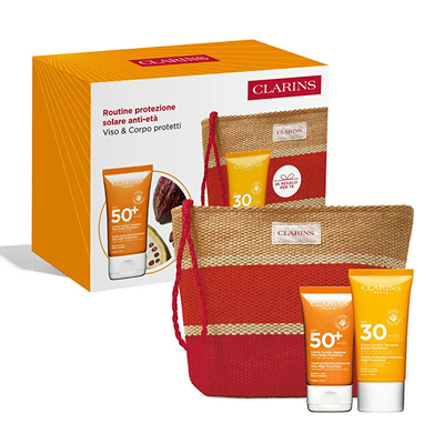 Set Krem kundër diellit 50 ml + Krem kundër diellit 75 ml + Çantë kozmetike Clarins