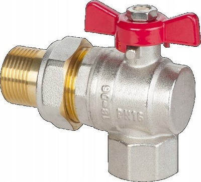 Valvul këndore me bilë Invena, 1", DN25, dorezë e kuqe