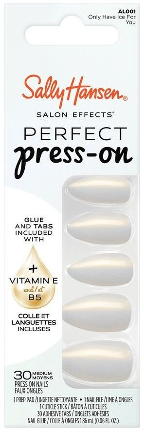 Thonj artificialë Sally Hansen Perfect Press-on Nails Only Have Ice for You, set 30 copë, gjatësi medium, ngjyrë e çelët me shkëlqim