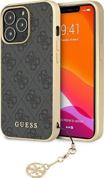 Futlle telefoni Guess 4G Charms për iPhone 13 Pro Max 6.7", me varese zbukuruese, gri me të artë