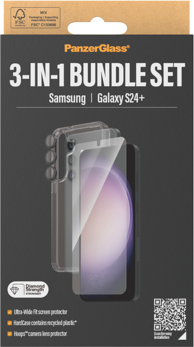 Paketë mbrojtëse PanzerGlass 3 in 1 për Samsung Galaxy S24 Plus, xham mbrojtës ekrani, hardcase me mbrojtje kamere, transparente