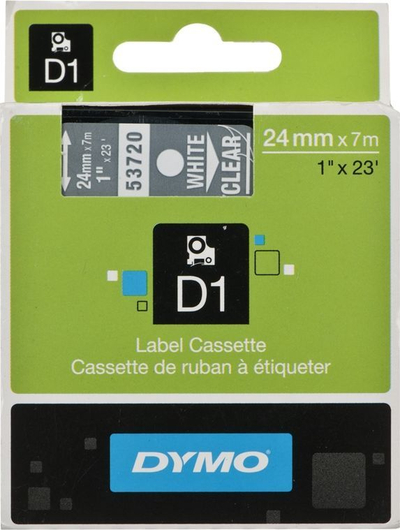 Shirit etiketuese Dymo D1, 24mm x 7m, tekst i bardhë transparent