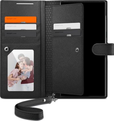 Këllëf portofol Spigen Wallet S Plus për Galaxy S24 Ultra, lëkurë PU, me lanyard, i zi