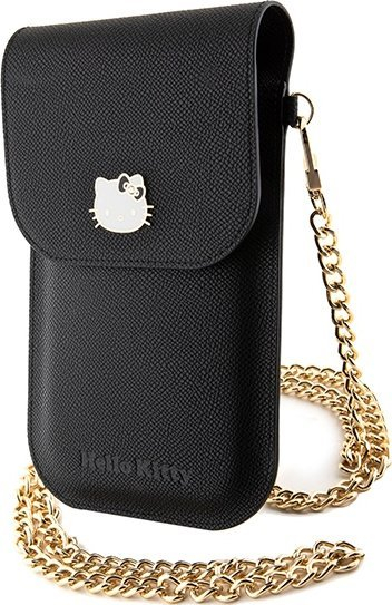 Универзална чантичка за телефон Hello Kitty Leather Metal Logo Chain, кожа, со синџир, црна