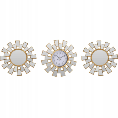 Set dekorativ muri Clock 2 Mirrors, orë dhe 2 pasqyra, e bardhë