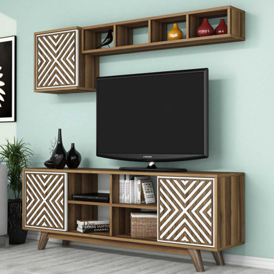 Mobilje TV Fayetteville, set muri për TV deri 60", dru walnut, detaje të bardha