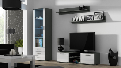 Komodë TV Bed Meble Soho 140, MDF, gri e bardhë me shkëlqim