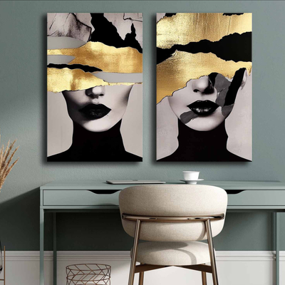 Pikturë murale GOBI HM4842, set 2 copë, kanavacë 45x70cm, gri me ari