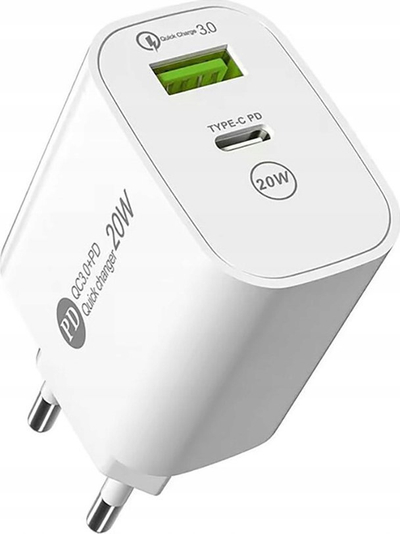 Полнач за мрежа HurTel A6MaxL, 20W, USB A и USB C со кабел Lightning 1m, бел