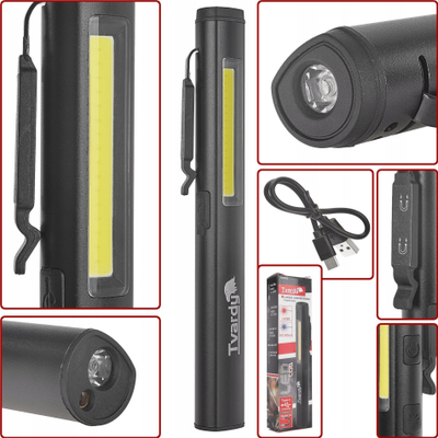 Lampë pune stilolaps Tvardy COB LED, magnetike, rimbushëse USB, e zezë