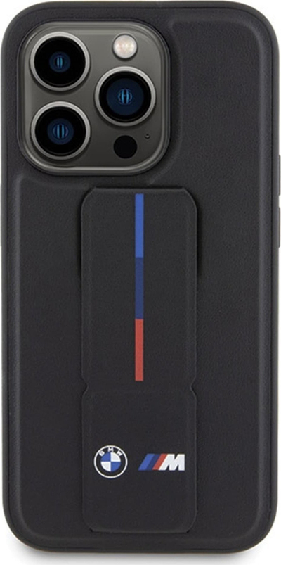 Futrollë BMW M Collection PU Grip Stand për iPhone 15 Pro Max, mbajtëse stand, e zezë