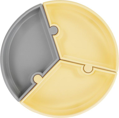 Pjatë e ndame për kalamoj Minikoioi Puzzle, silikon, me kapëse me thithje, gri me të verdhë