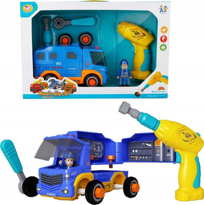 Lodër makinë policie Askato Music DIY Car, me drill elektrik, me figura, blu