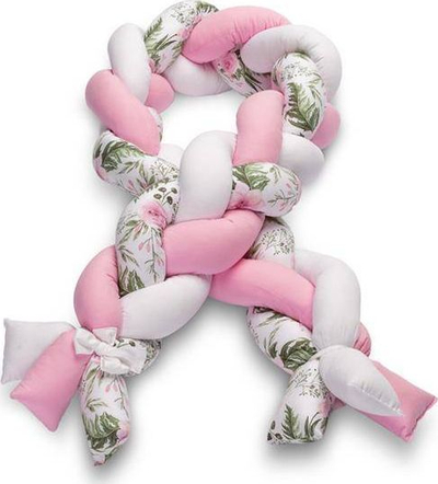 Mbrojtëse për krevat bebe Sensillo Braid, 210cm, dizajn me lule rozë