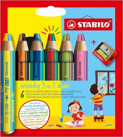 Set lapsash me ngjyra Stabilo Woody 3in1 Duo, 6 ngjyra, me mprehëse