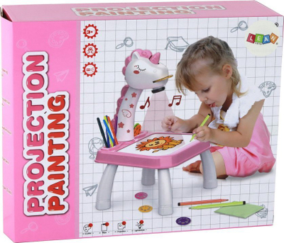 Tavolinë vizatimi me projektor Leantoys Unicorn, set me 12 lapsa, rozë