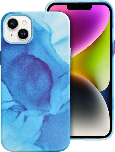 Maskë telefoni për iPhone 14 Plus, silikon lëkurë, MagSafe, blu me dizajn