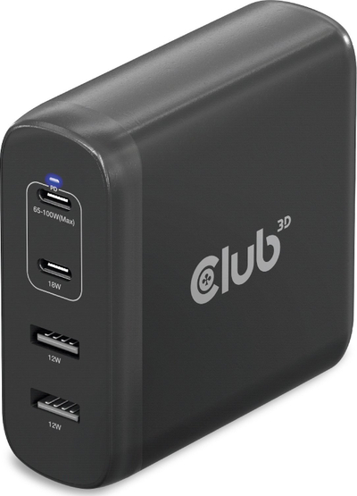 Karikues udhëtimi Club 3D CAC-1912, 100W GaN, 2x USB C dhe 2x USB A, i zi