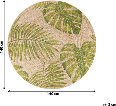 Qilim jute dekor, rrumbullak 140 cm, me gjethe tropikale, bezhë me jeshile