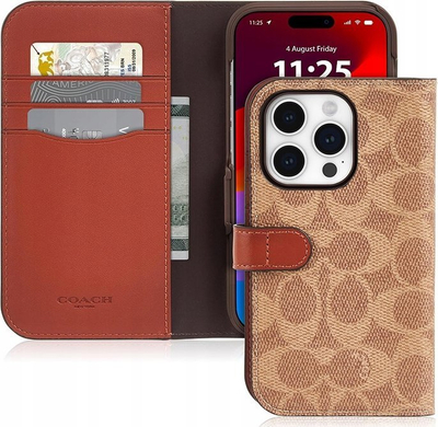 Mbulesë-portofol Coach Folio Signature për iPhone 15 Pro, lëkurë, ngjyrë tan