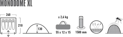 Çadër kampingu High Peak Monodome 4, për 4 veta, 240x210x130 cm, e zezë
