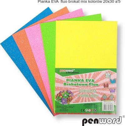 Пена листови EVA Penword Fluo Glitter, 20x30cm, сет 5 парчиња, повеќебојни