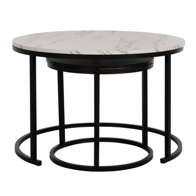 Tavolinë për kafe 2-pjesësh MDF marble mix & këmbë të zeza Φ80–48 cm (HM8763.14), zezë