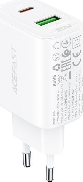 Karikues muri Acefast A25, 20W, 2 porta USB A dhe USB C, i bardhë