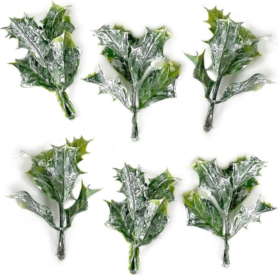 Set dekorimi Whitened Holly Leaves, 7cm, 6 copë, jeshile e zbardhur