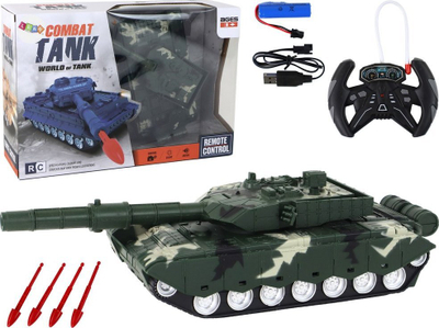 Играчка тенк со далечински управувач Combat Tank, ротација 360°, стрели со светло и звук, зелен камуфлаж