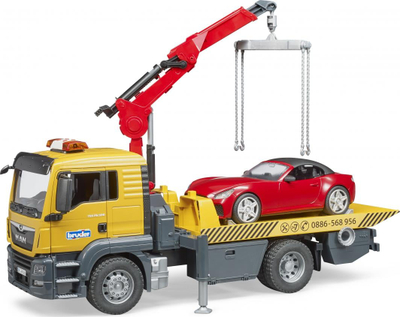 Kamion lodër Bruder MAN TGS 03750 Tow Truck, me vinç dhe platformë, me roadster, i verdhë