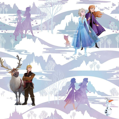 Tapet muri Disney Frozen Scene, me personazhet e filmit, në nuanca blu e vjollcë