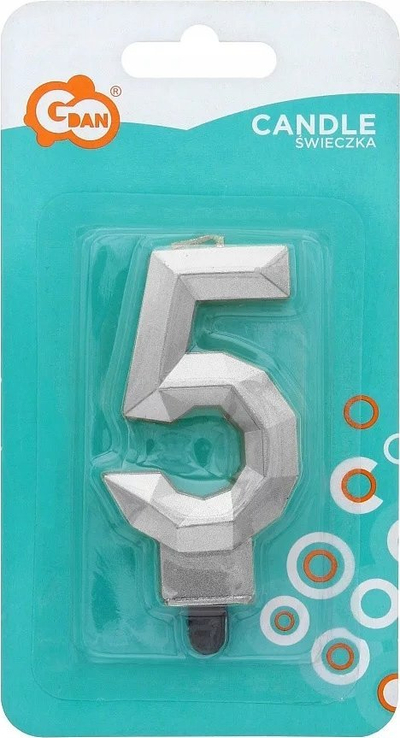 Qiri torte Godan Diamond, numri 5, 7.6cm, argjendt metalik